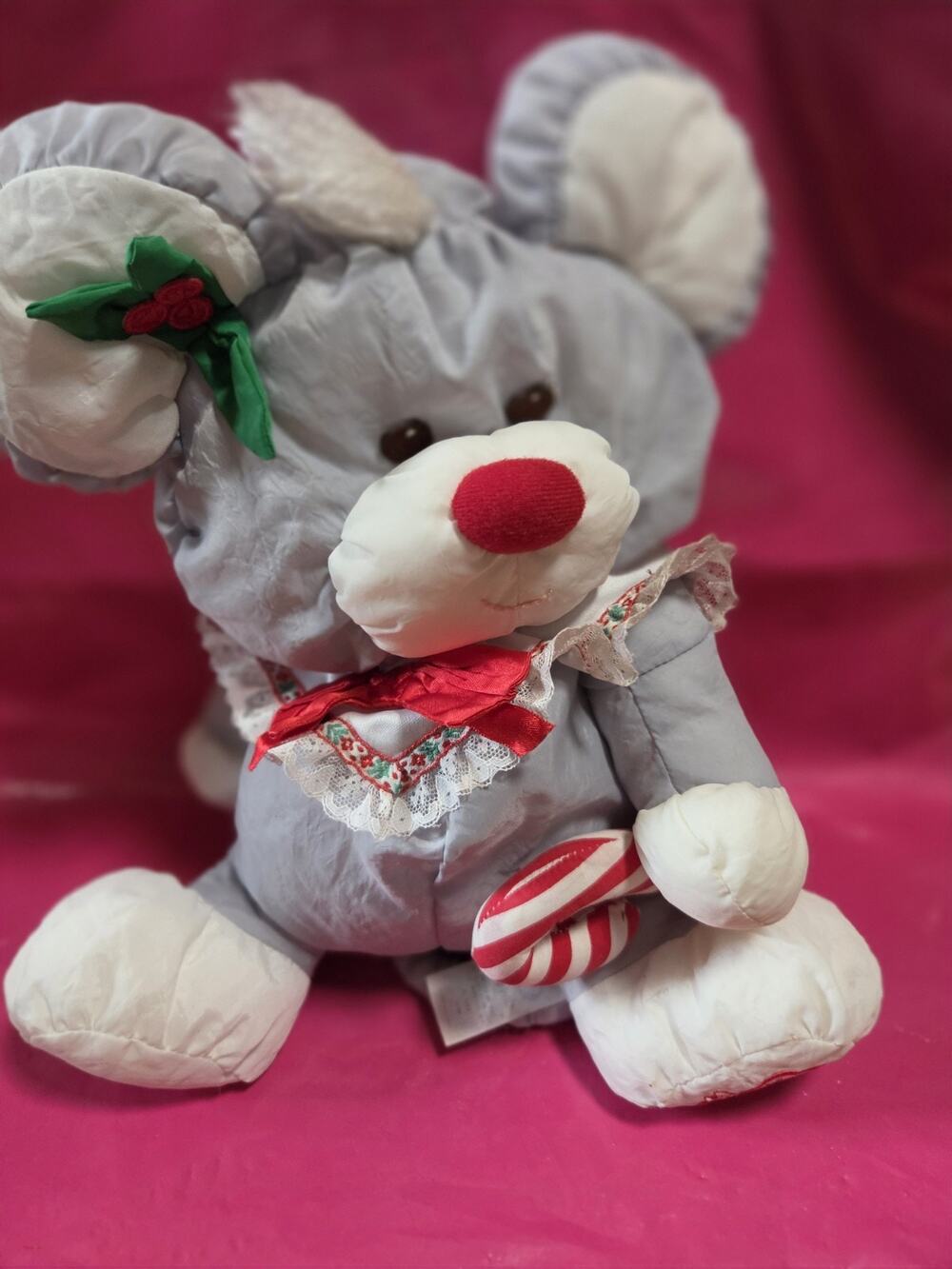 Vintage 1987 Fisher-Price Puffalumps Christmas Mouse Candy Cane 10" Plush #8016